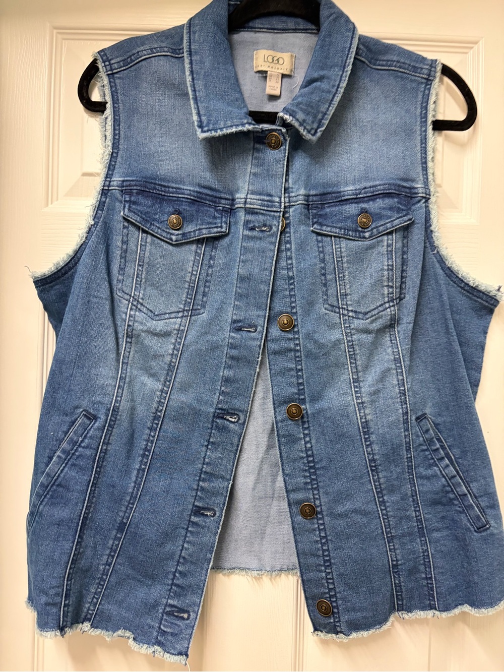 LOGO by Lori Goldstein Light Blue Denim Sleeveless Vest with fringe